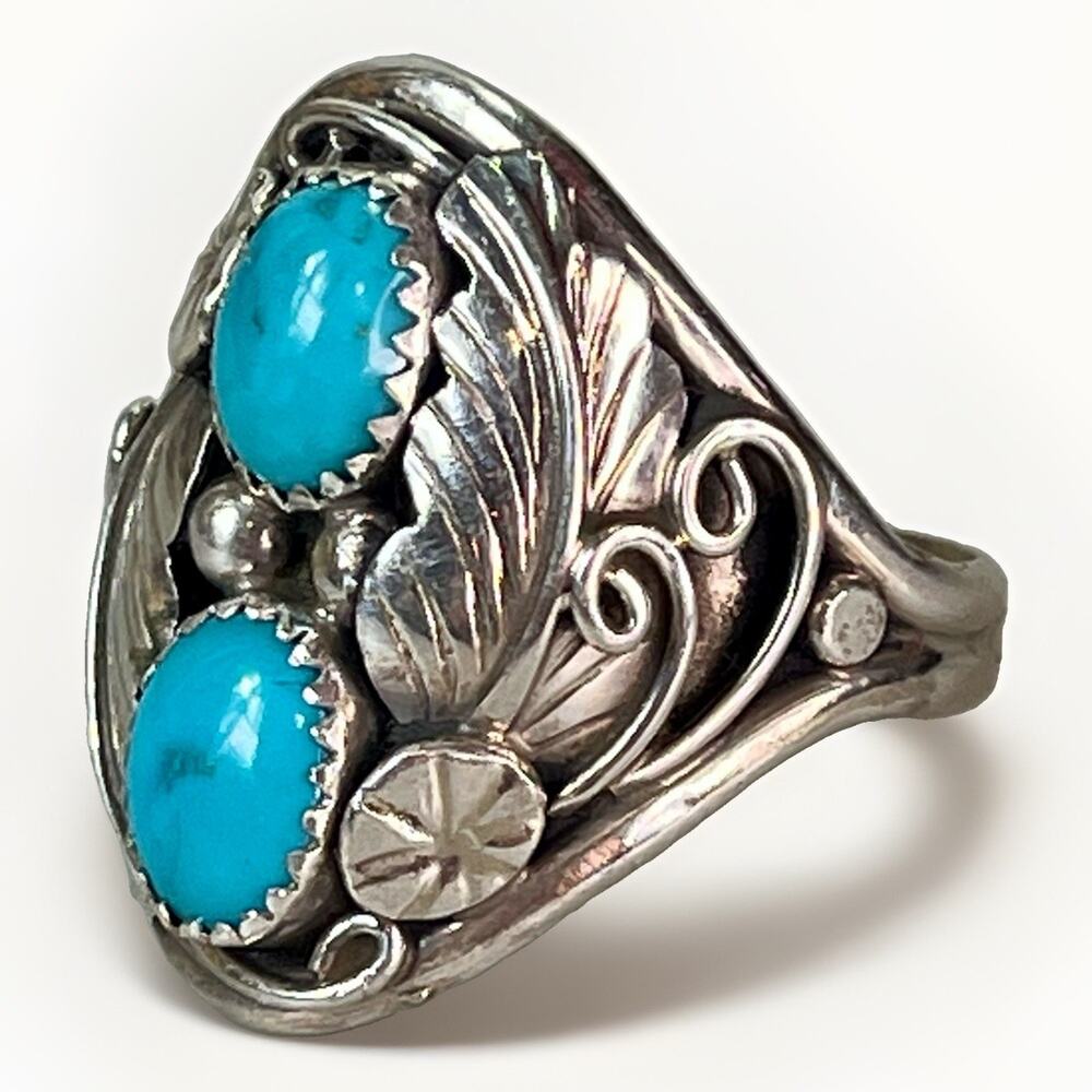 Men’s Signed NAVAJO Sterling Silver Kingman Turquoise 2 Stone Ring Sz 12 NEW